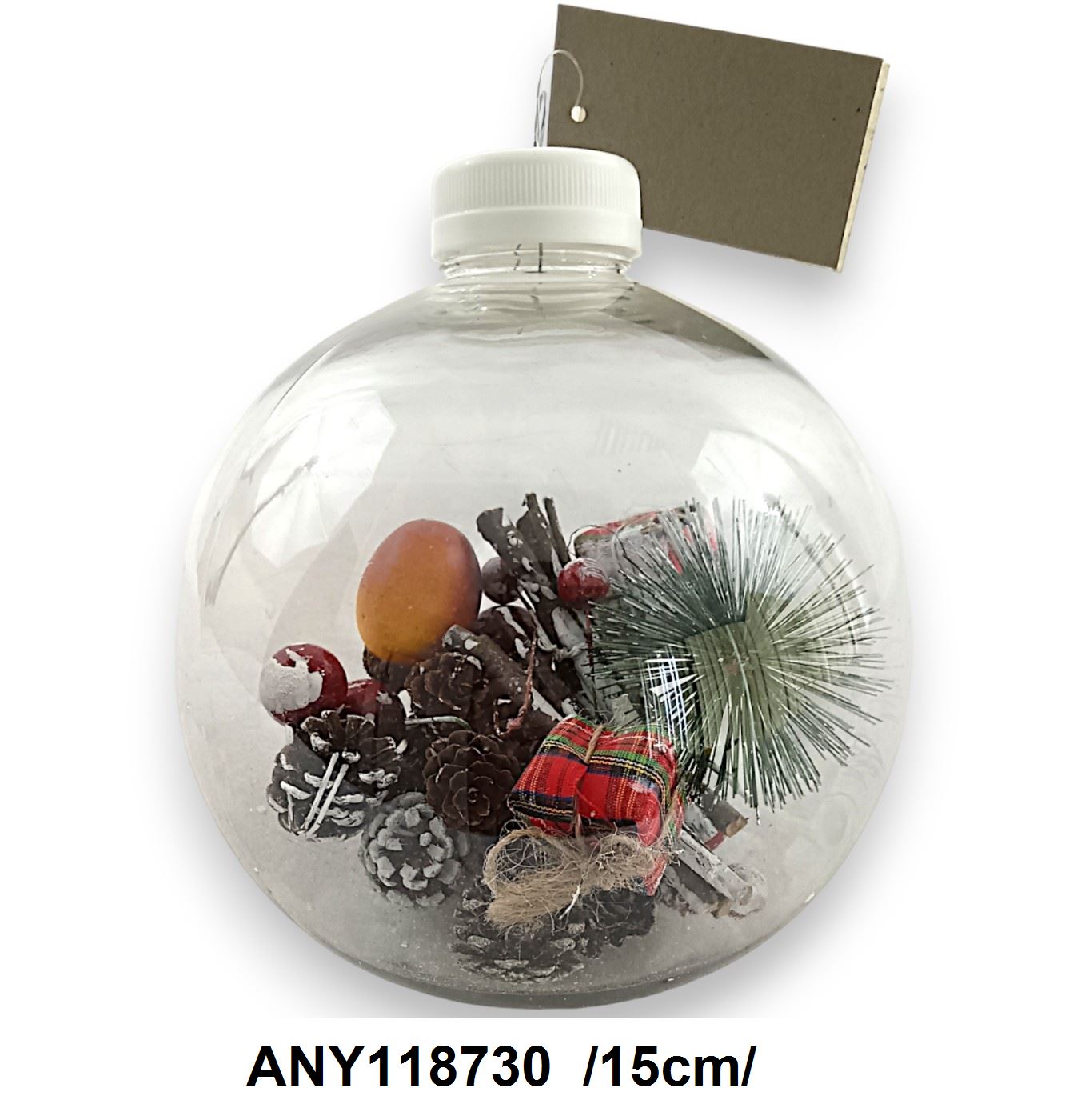 Akasztós gömb díszben fenyõ, tobozok, golyók, mûhó, ágak, ajándékok /15cm/