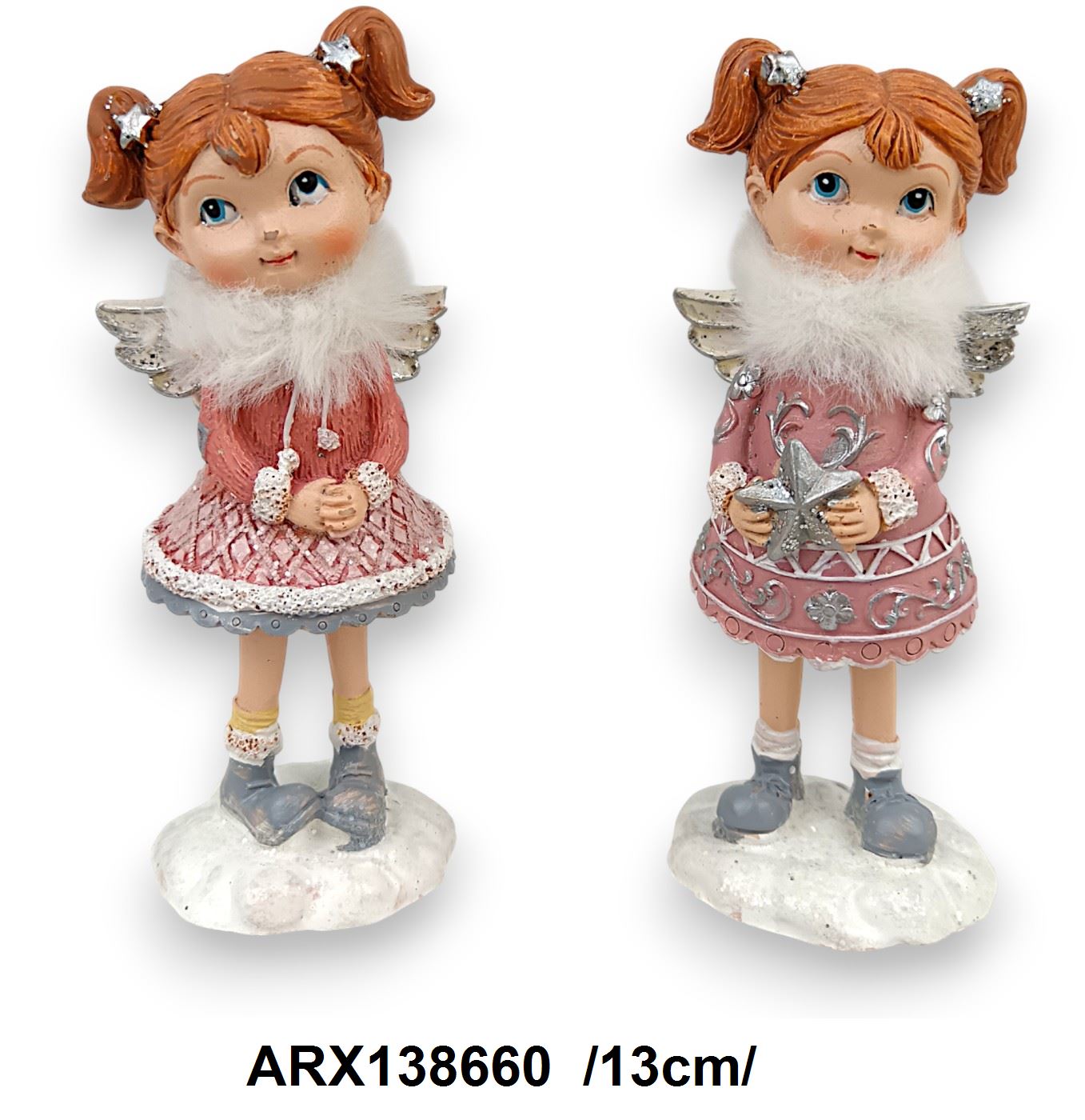 Szõrmesálas, csillagot tartó szoknyás kislány angyalkák, polirezin /13cm/