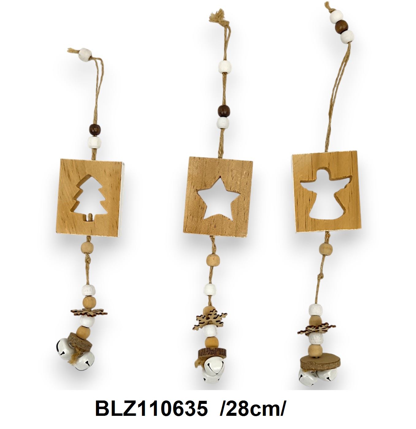 Áttört kis fahasábos lógó hópihével, csengettyûvel (csillag, angyal, fenyõ, szív) /28cm/