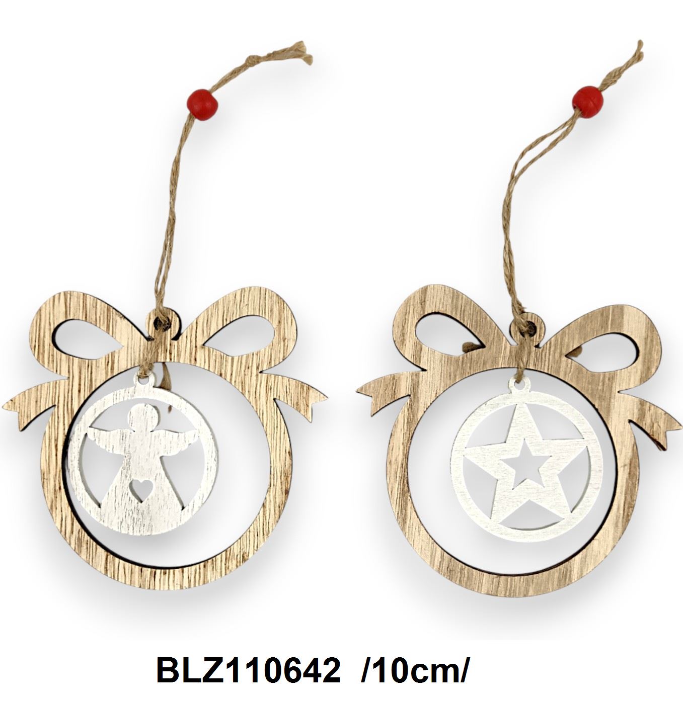 Akasztós áttört fa masnis gömbfigura, benne áttört gömbben csillag/angyal /10cm/