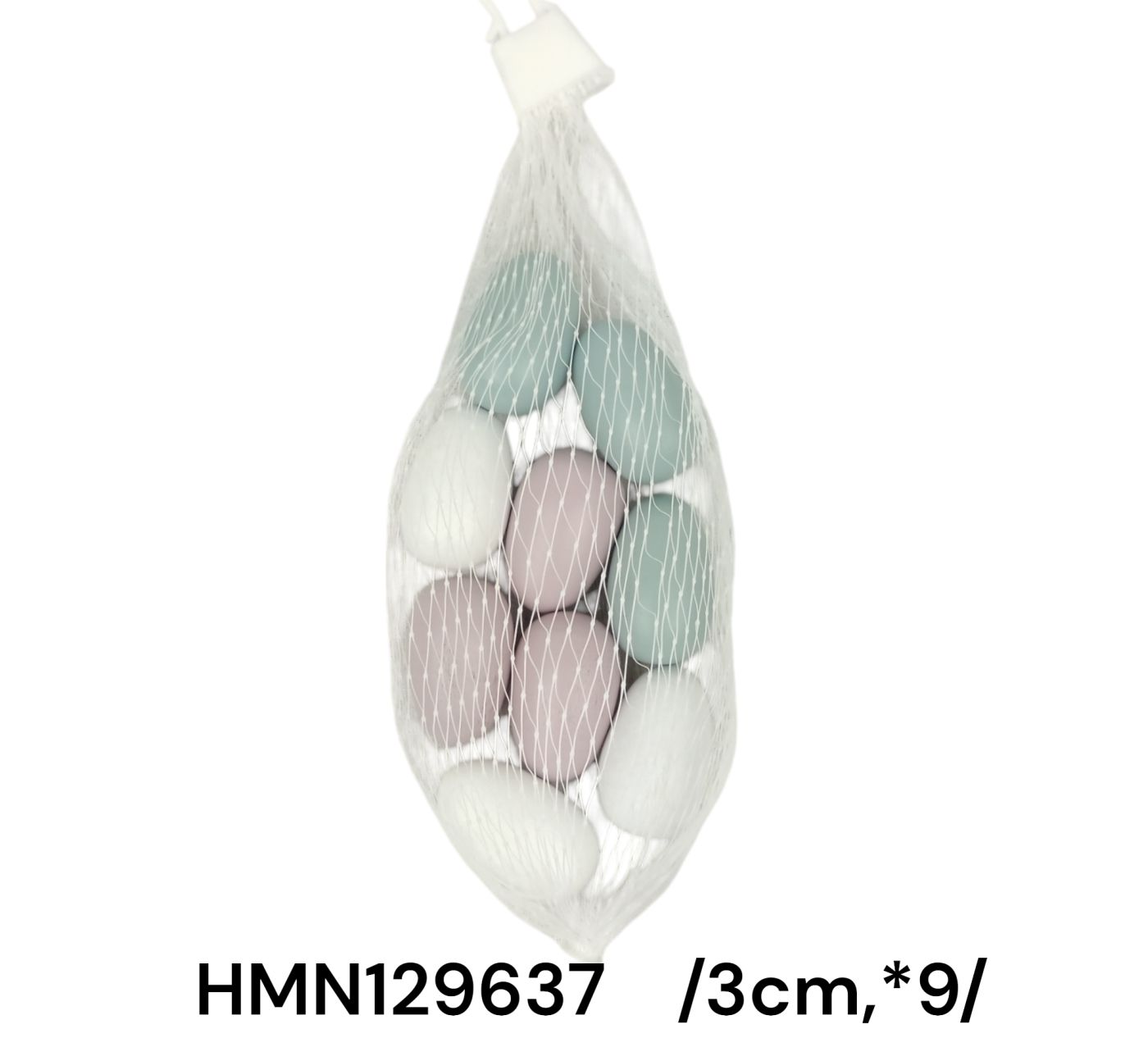 3 cm színes fa tojások hálóban 9/S