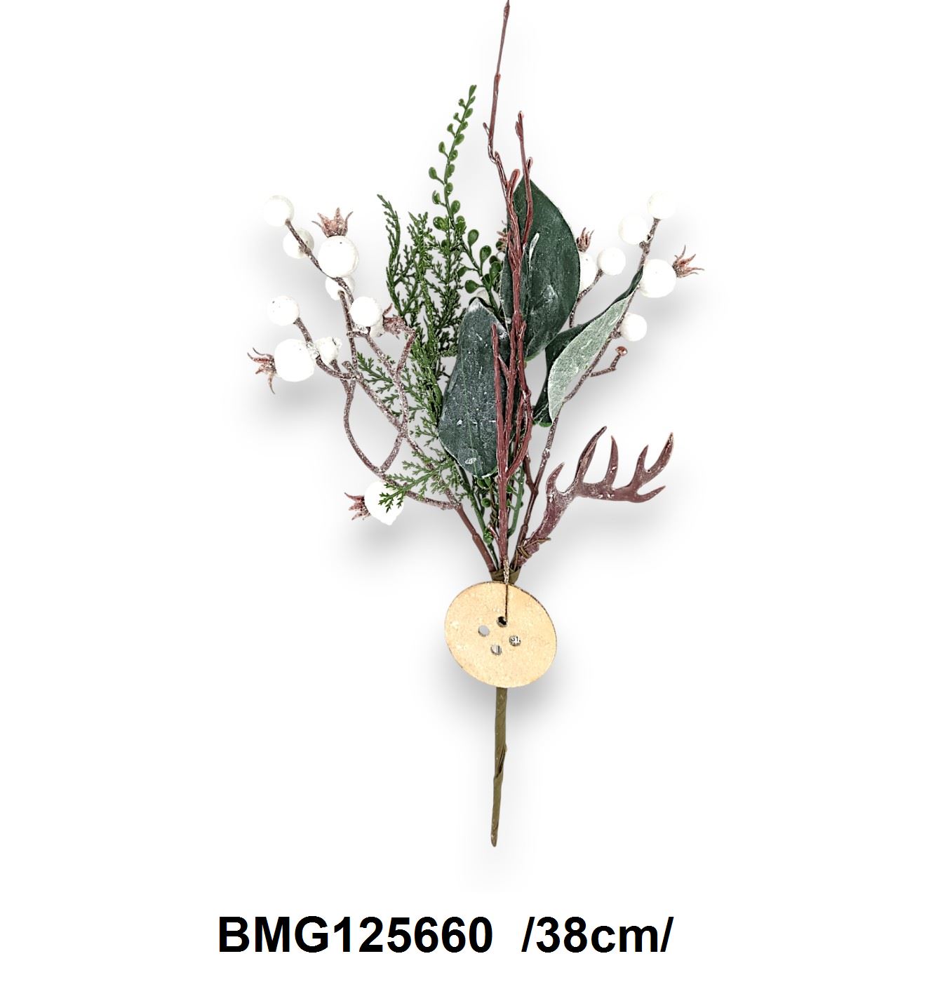 Hamvas agancsos, páfrányos, tujás pick glitteres golyókkal /38cm/