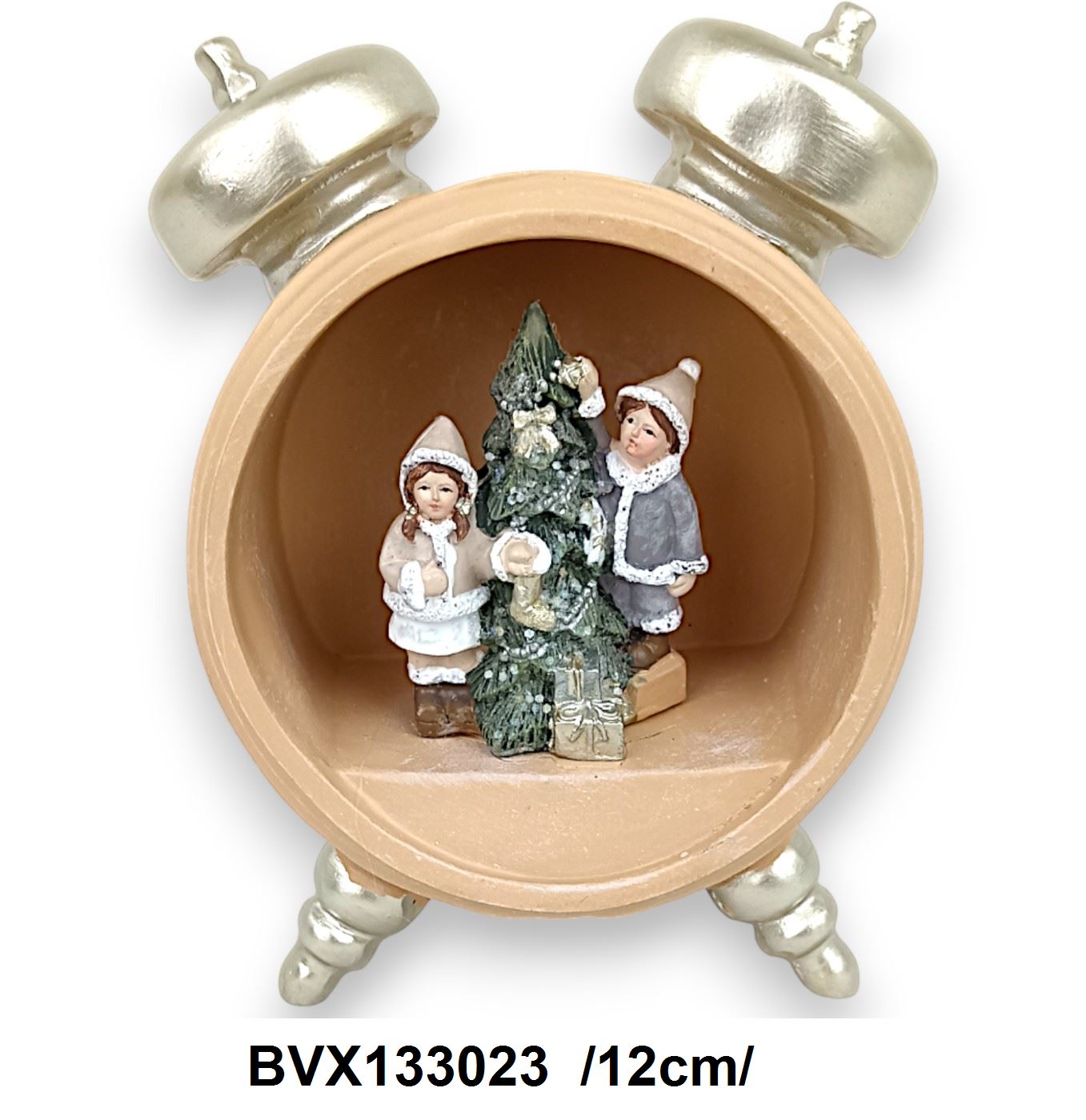 Ébresztõóra fenyõvel, gyerekekkel, polirezin /12cm/