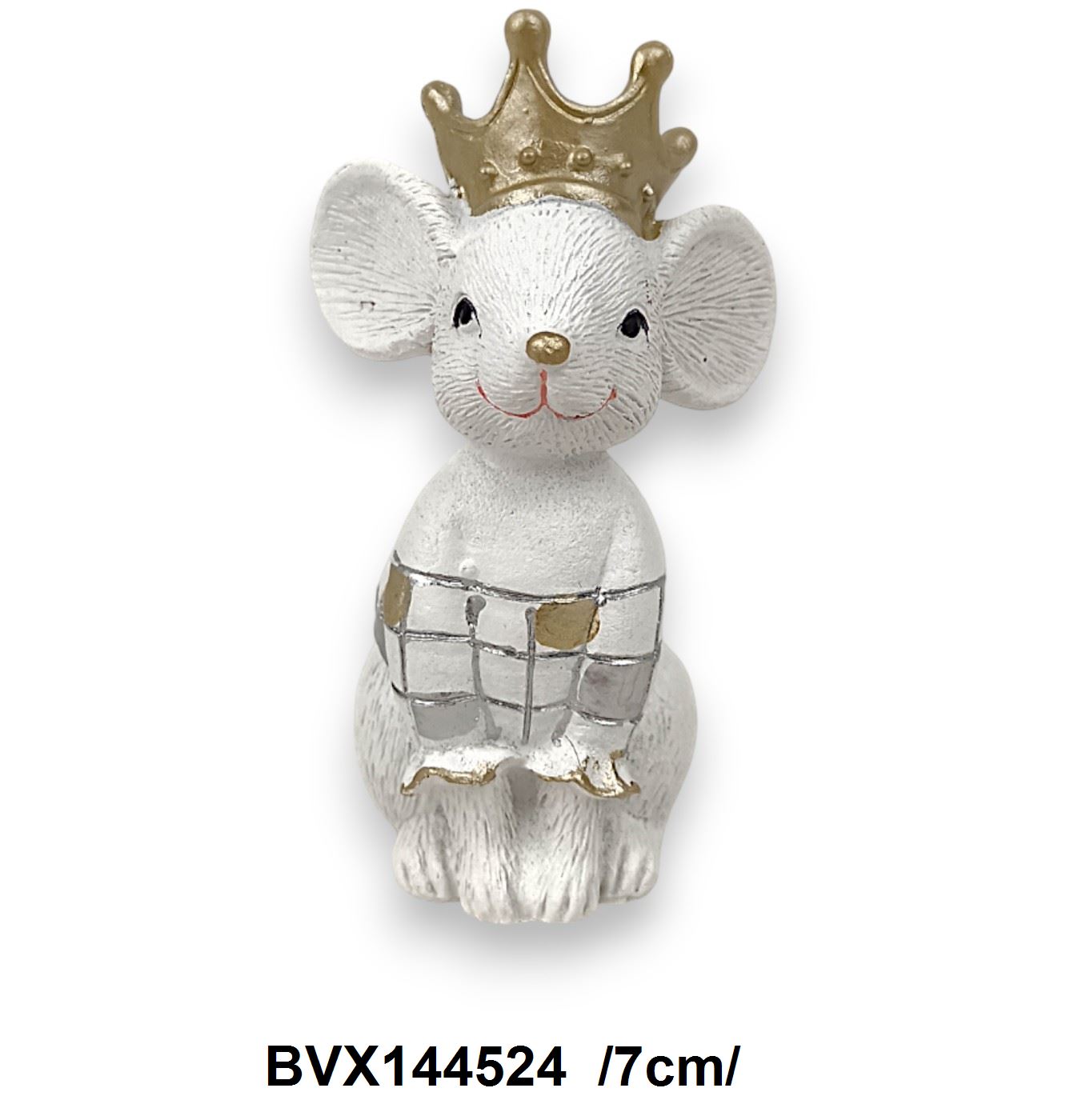 Koronás ülõ egér, kockás pulóverben, polirezin /7cm/
