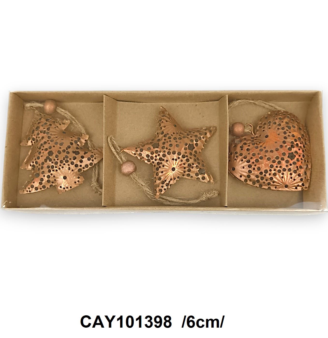 Fém figurák dobozban, karácsonyfa/csillag/szív /6cm/