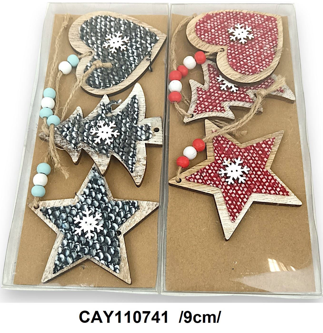 Akasztós fadíszek (szív, csillag, fenyõ) fonallal átszõve, hópihével  /9cm/