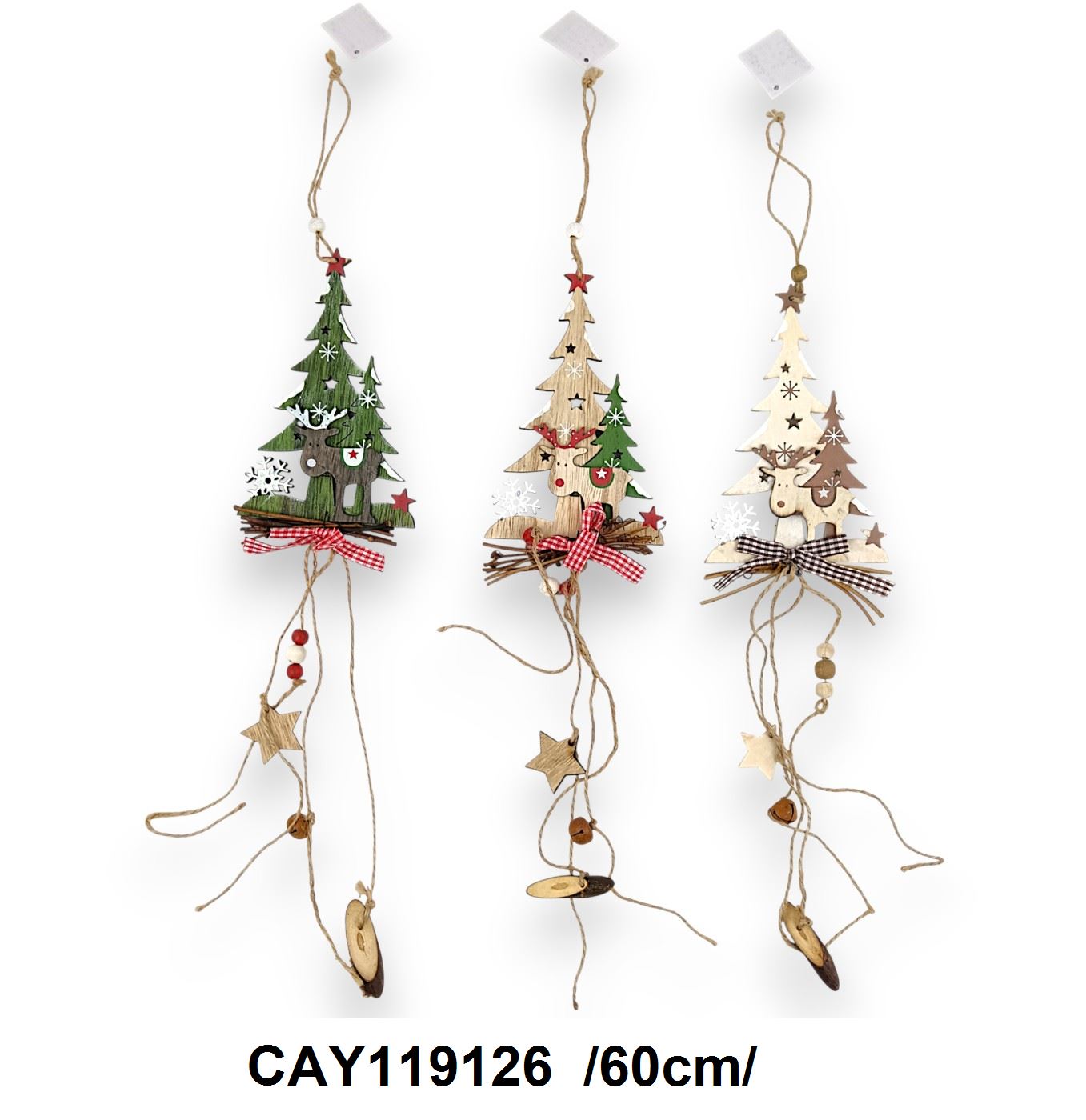 Áttört fa fenyõs, rénszarvasos ajtódísz kockás szalaggal, csengettyûvel /60cm/