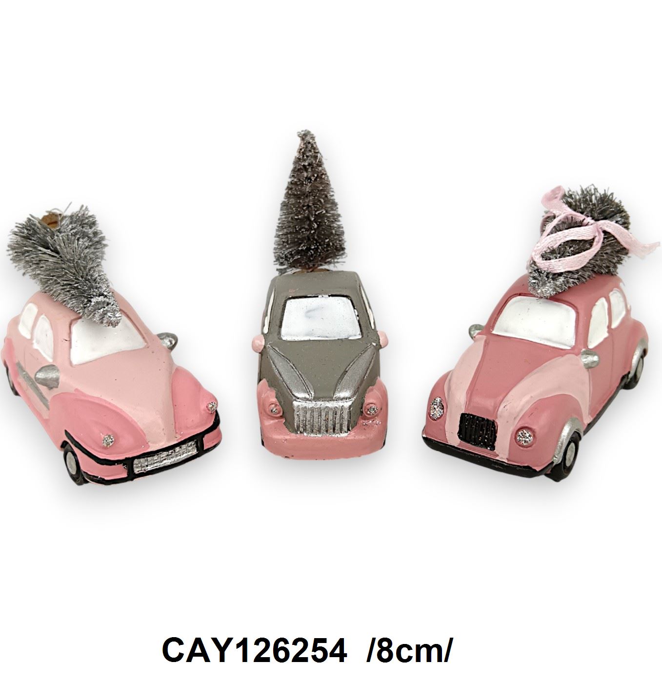Rózsaszín, karácsonyfát szállító kisautók, polirezin /8cm/
