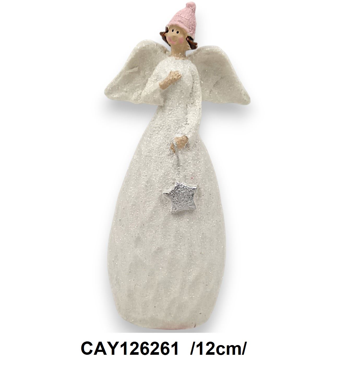 Fehér angyalka rózsaszín sapkával, polirezin /12cm/