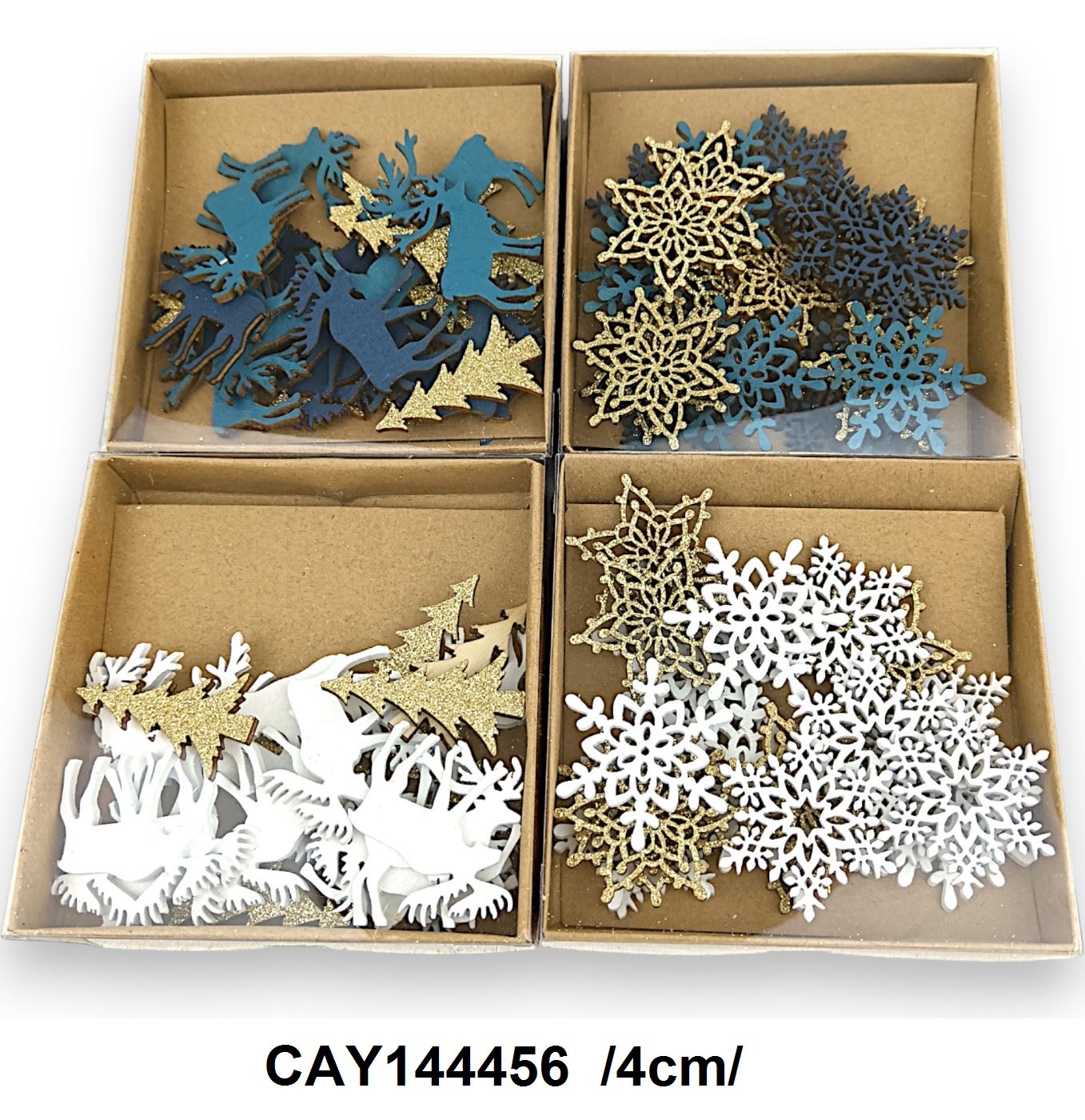 Festett és glitteres fa hópihe, házikó, fenyõ, szarvas dobozban /4cm/