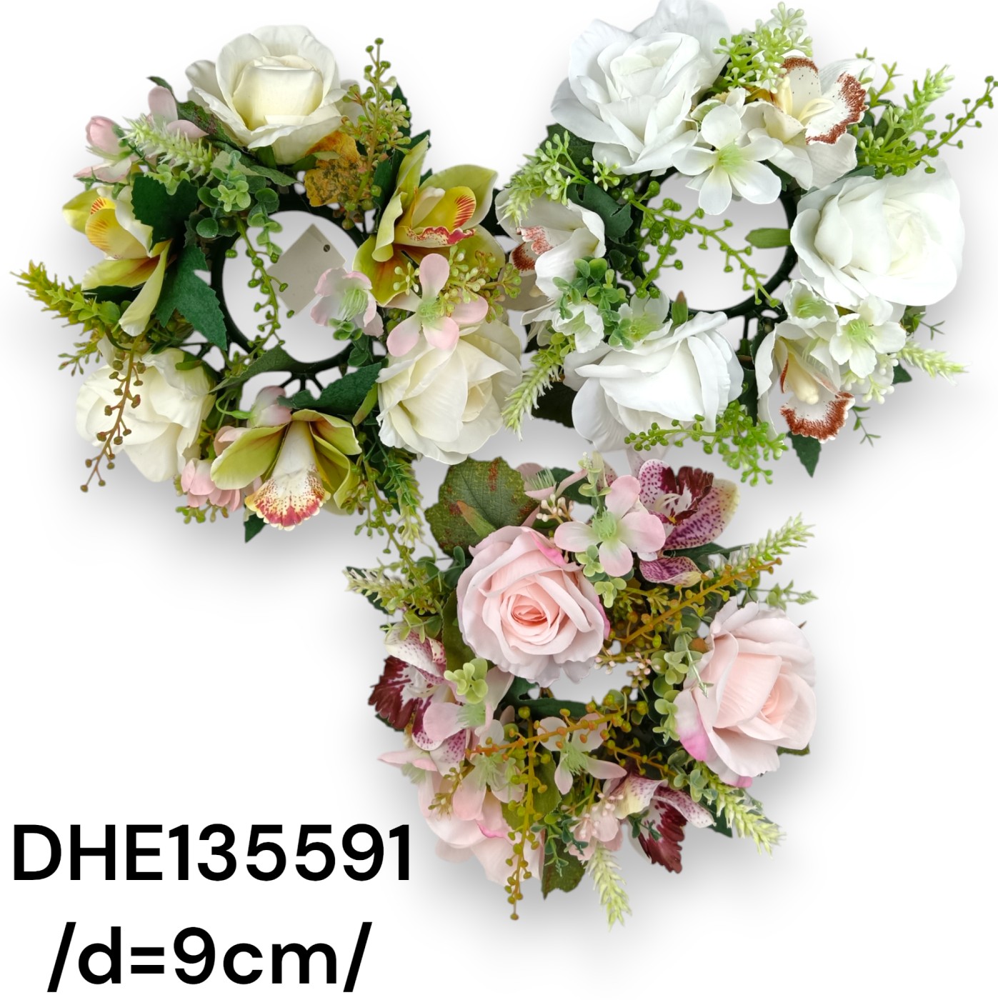 9 cm átmérõjû rózsa, orchidea koszorú + mûanyag zöld