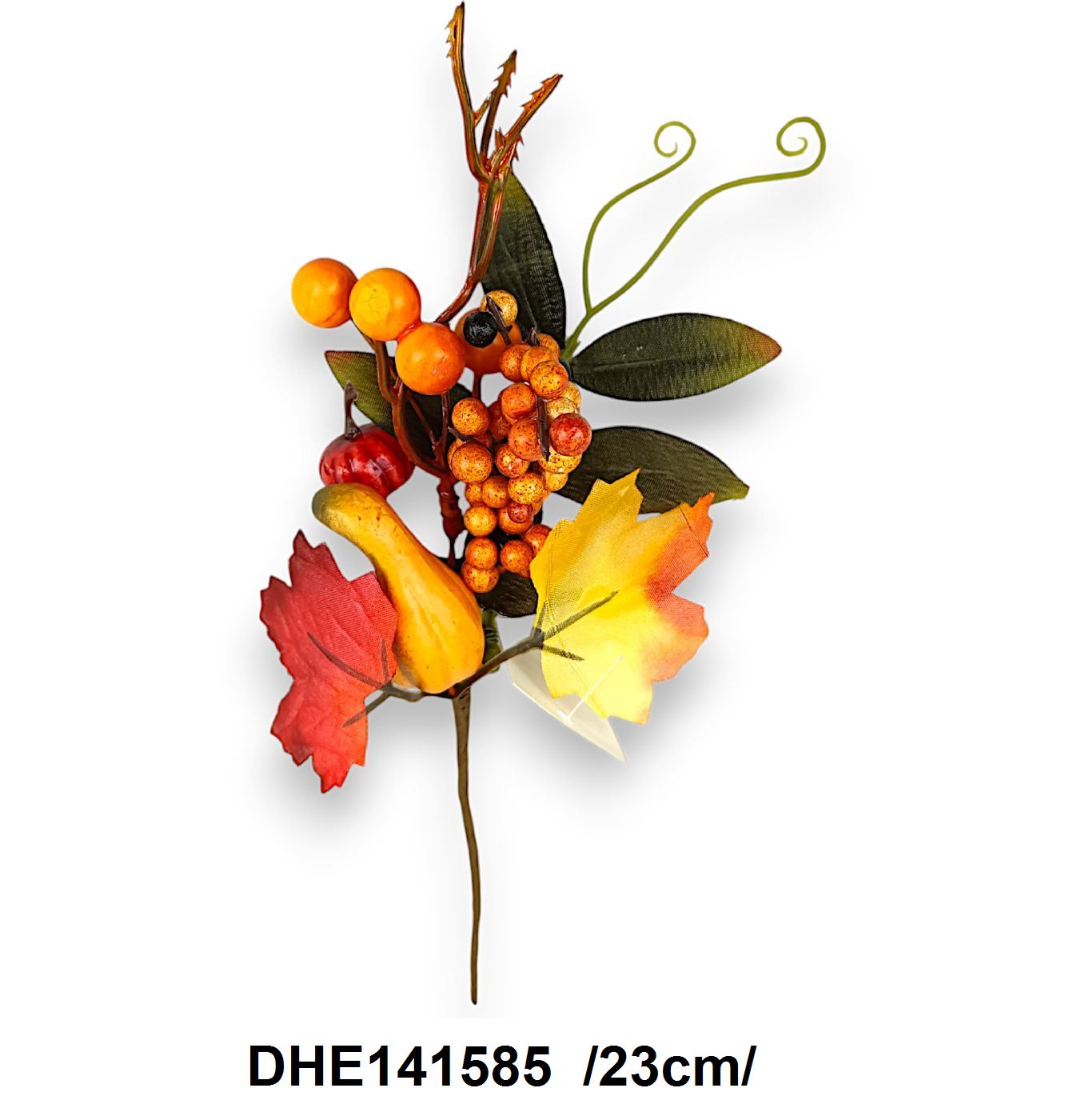 23 cm kis lopótökös pick, szatén levelekkel, kis tökkel, bogyókkal