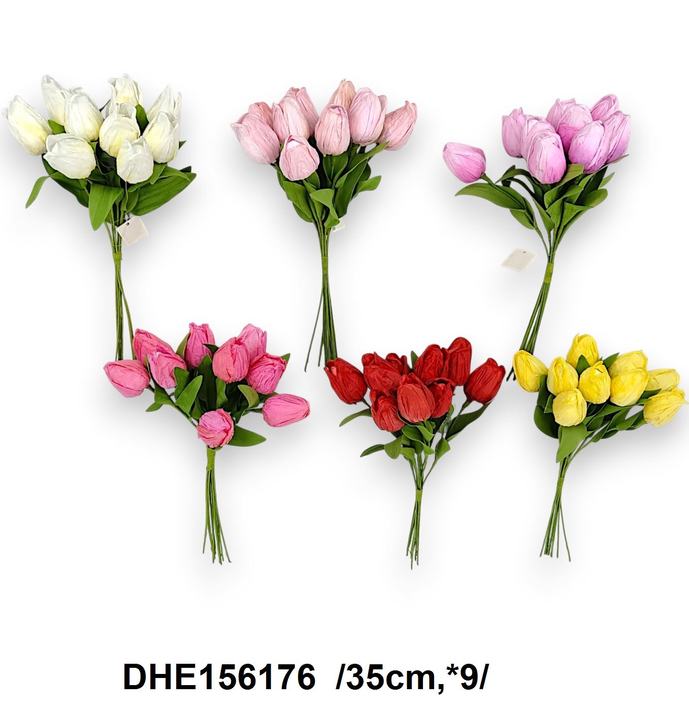 Krepp-papírral bevont tulipán köteg, polifoam levelekkel /35cm,*9/