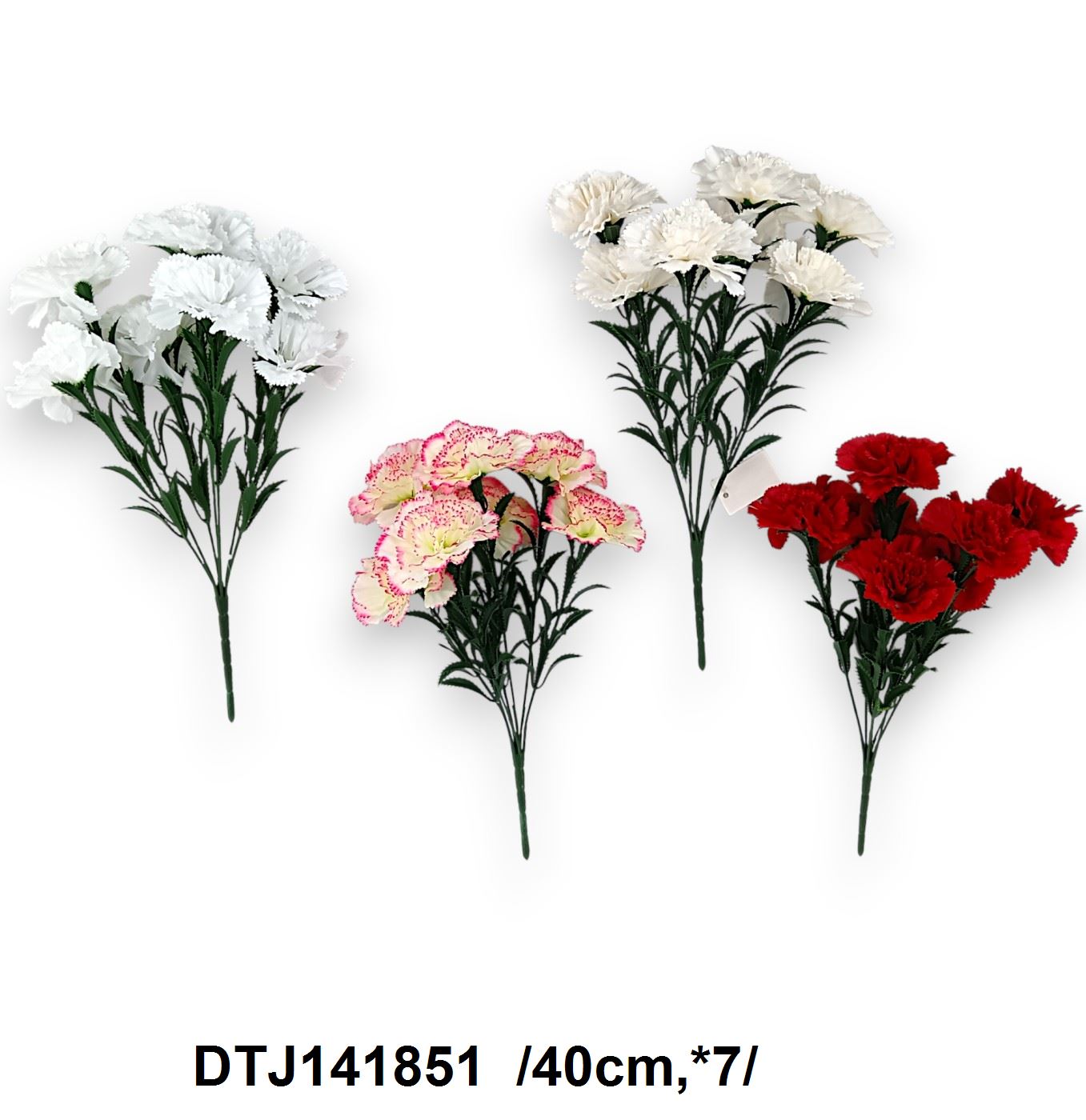 Hosszú építésû pasztell szegfûcsokor, mûanyag levelekkel /40cm,*7/