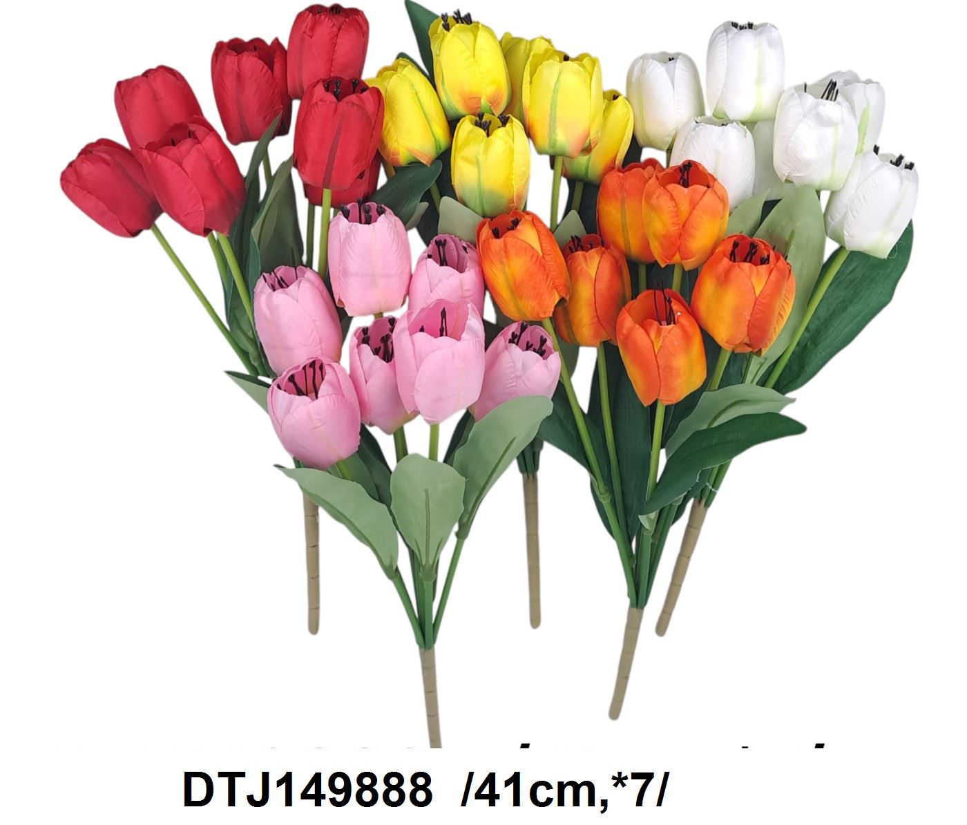 Nyíló fejes szatén tulipán csokor, hungarocell középpel  /41cm,*7/
