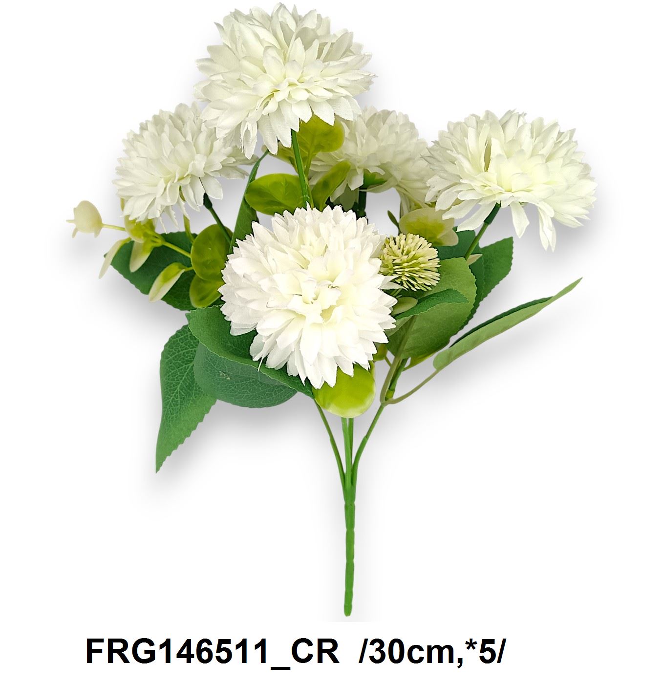 Hegyes szirmú gömbdália csokor, mûanyag fehérített eukaliptusszal és bogánccsal /30cm,*5/