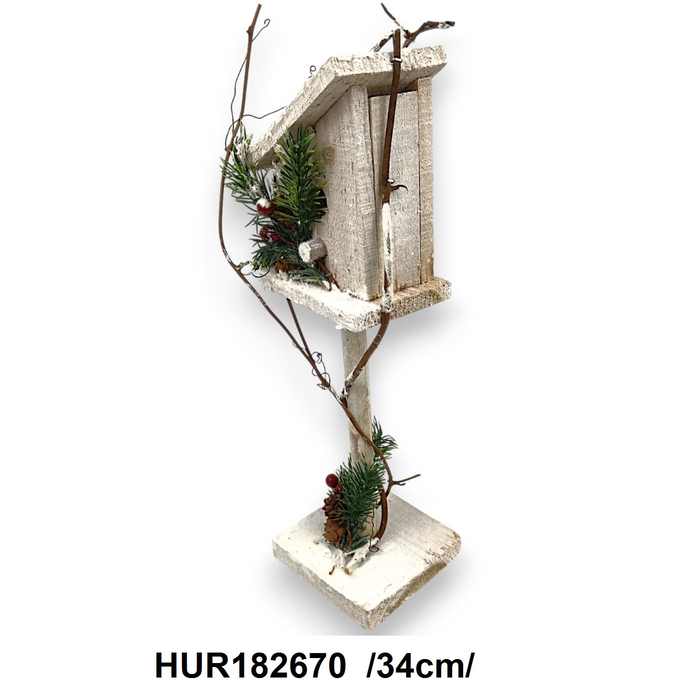Havas madáretetõ talppal, havas fenyõágakkal, piros golyókkal/34cm/