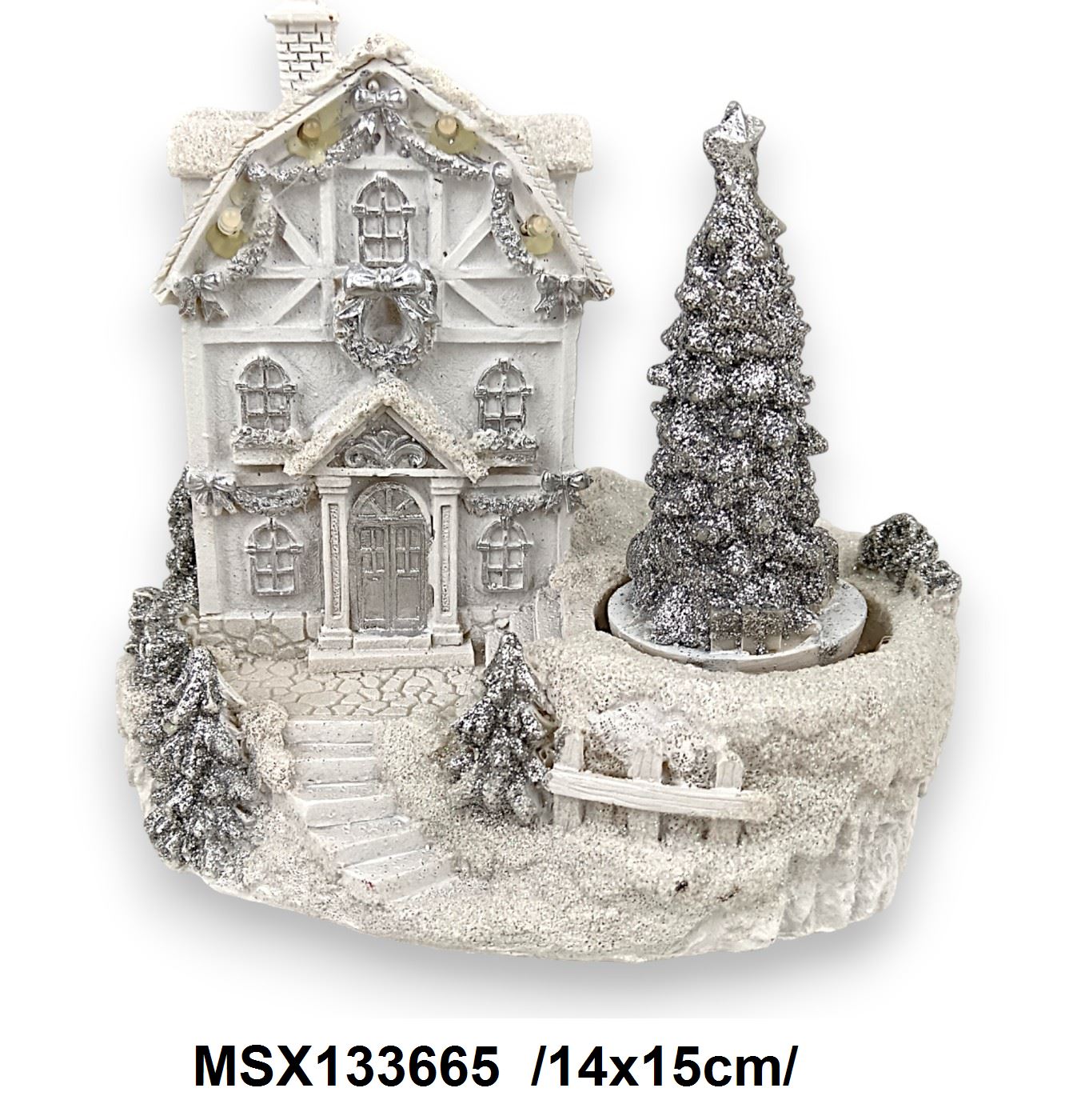 Zenélõ fehér, glitteres ház forgó fenyõvel, LEDes, elem nélkül, polirezin /14x15cm/