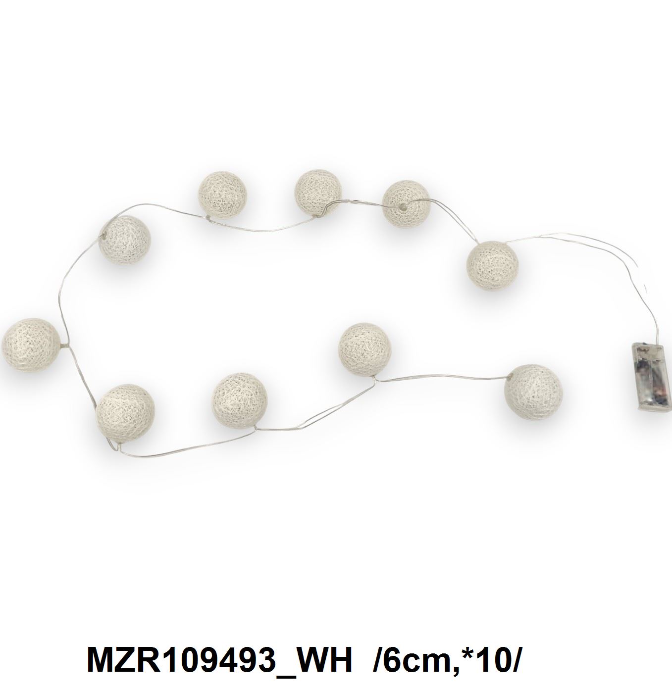 Fehér cérnával bevont gömbös, világítós girland, elem nélkül /6cm,*10/