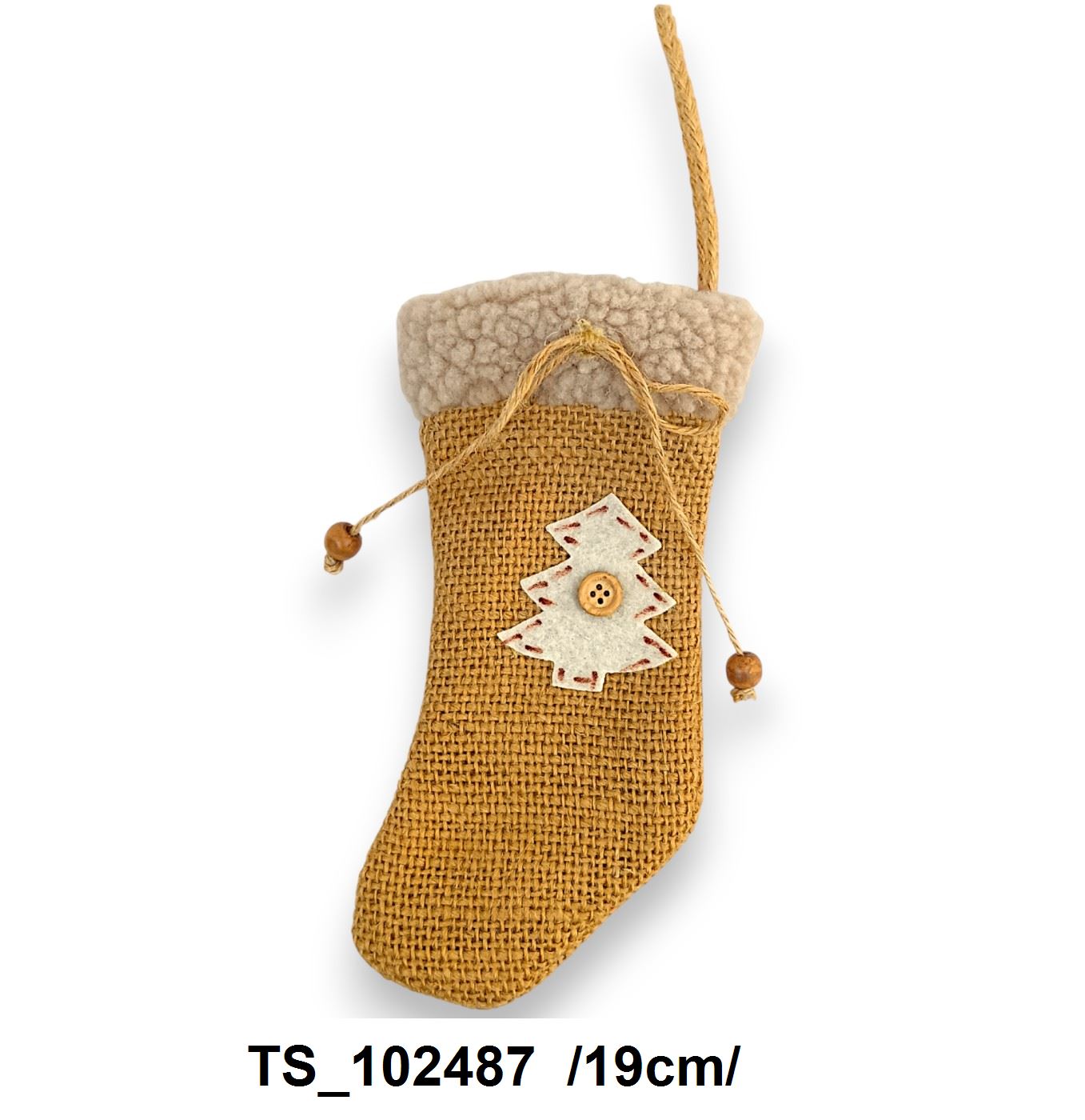 Natúr, zsák anyagú akaszthatós sapka, gyapjas széllel, masnival /19cm/