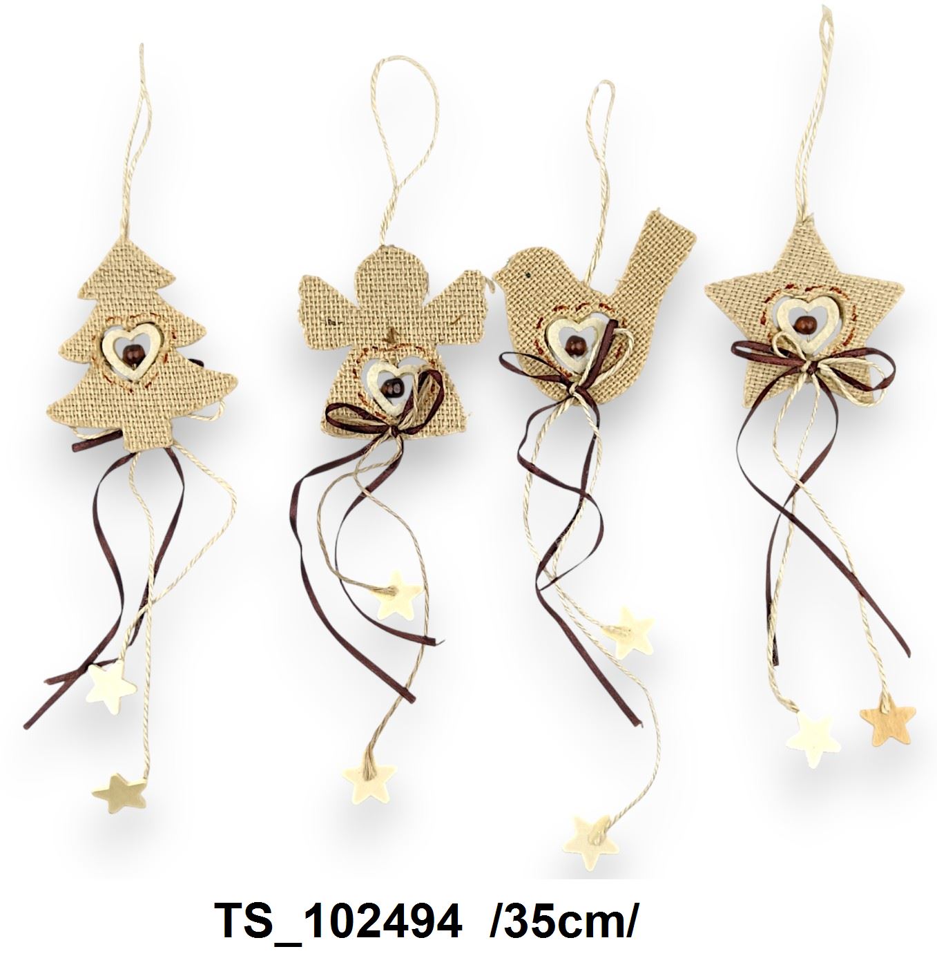 Natúr, zsák anyagú akaszthatós figurák, masnival, csillag lógóval /35cm/