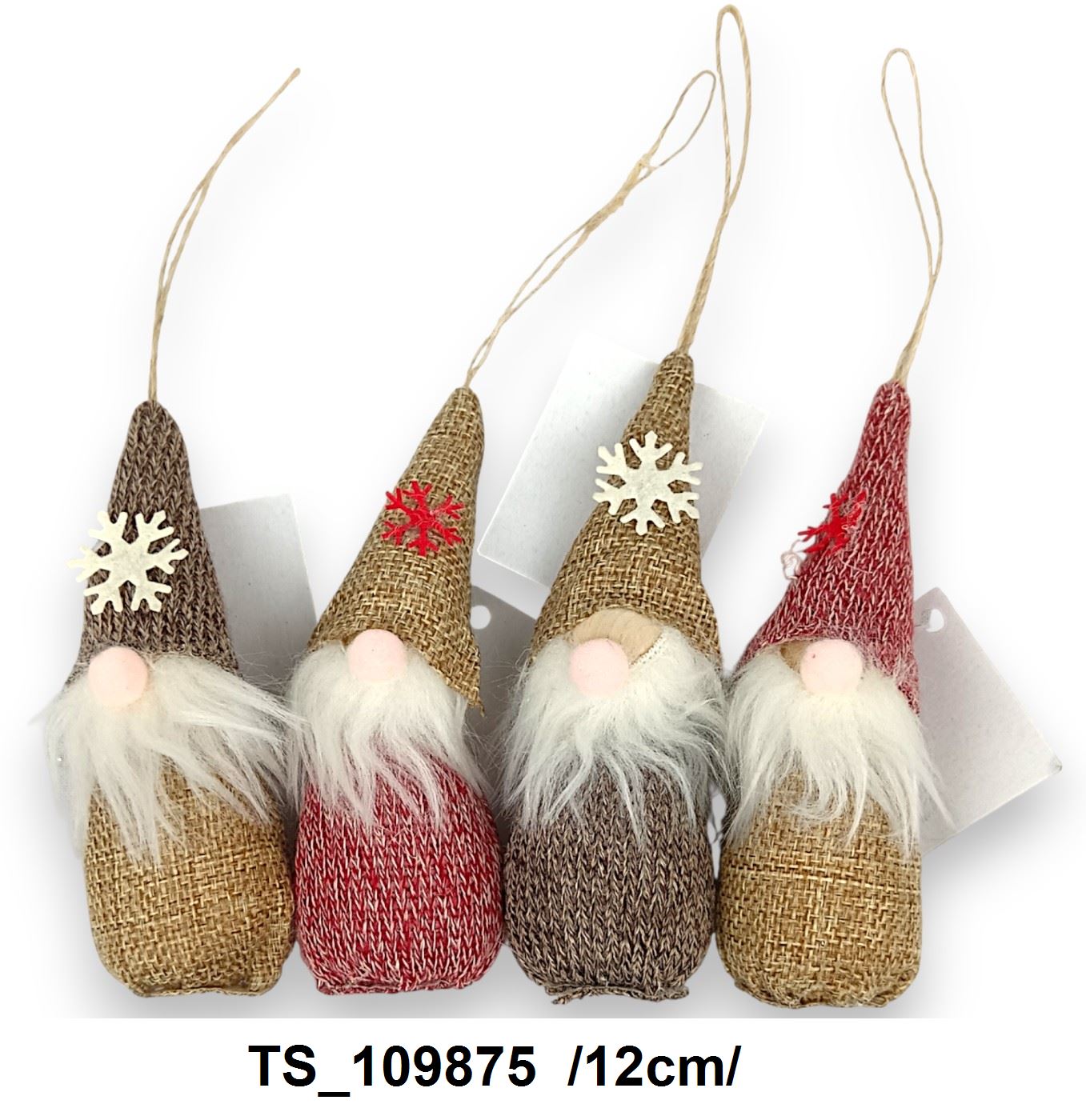 Piros-zsák anyagú, akasztós manók, szakállal, hosszú hópihés sapiban /12cm/