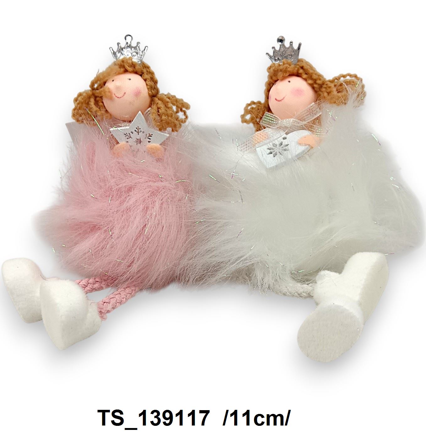 Hungarocell testû, hosszú szõrmés angyalka, fa figurával,lógó lábakkal /11cm/