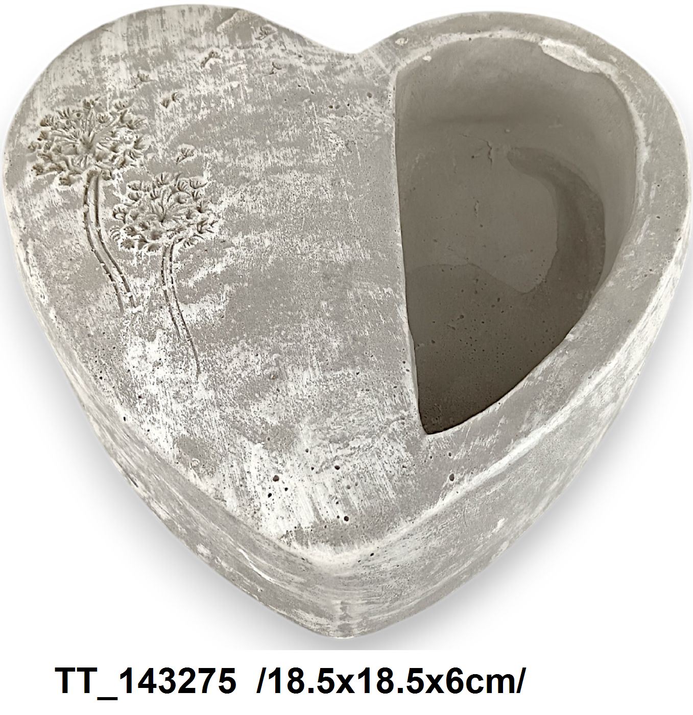Lapos szívalakú félig nyitott cementkaspó pitypangos díszítéssel /18,5x18,5x6cm/
