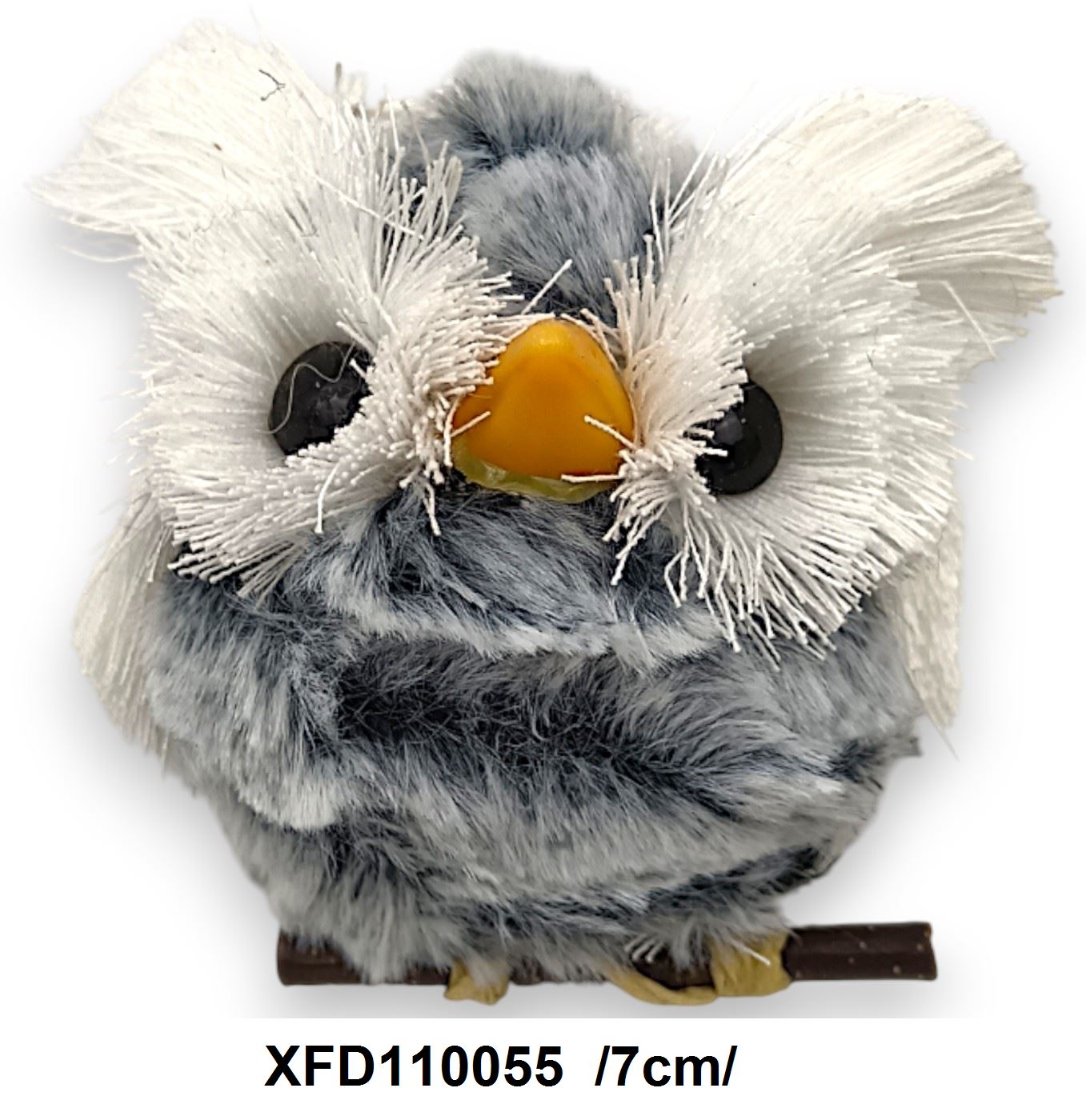 Flokkolt, szõrös, faágon ülõ kerek bagoly akasztóval /7cm/