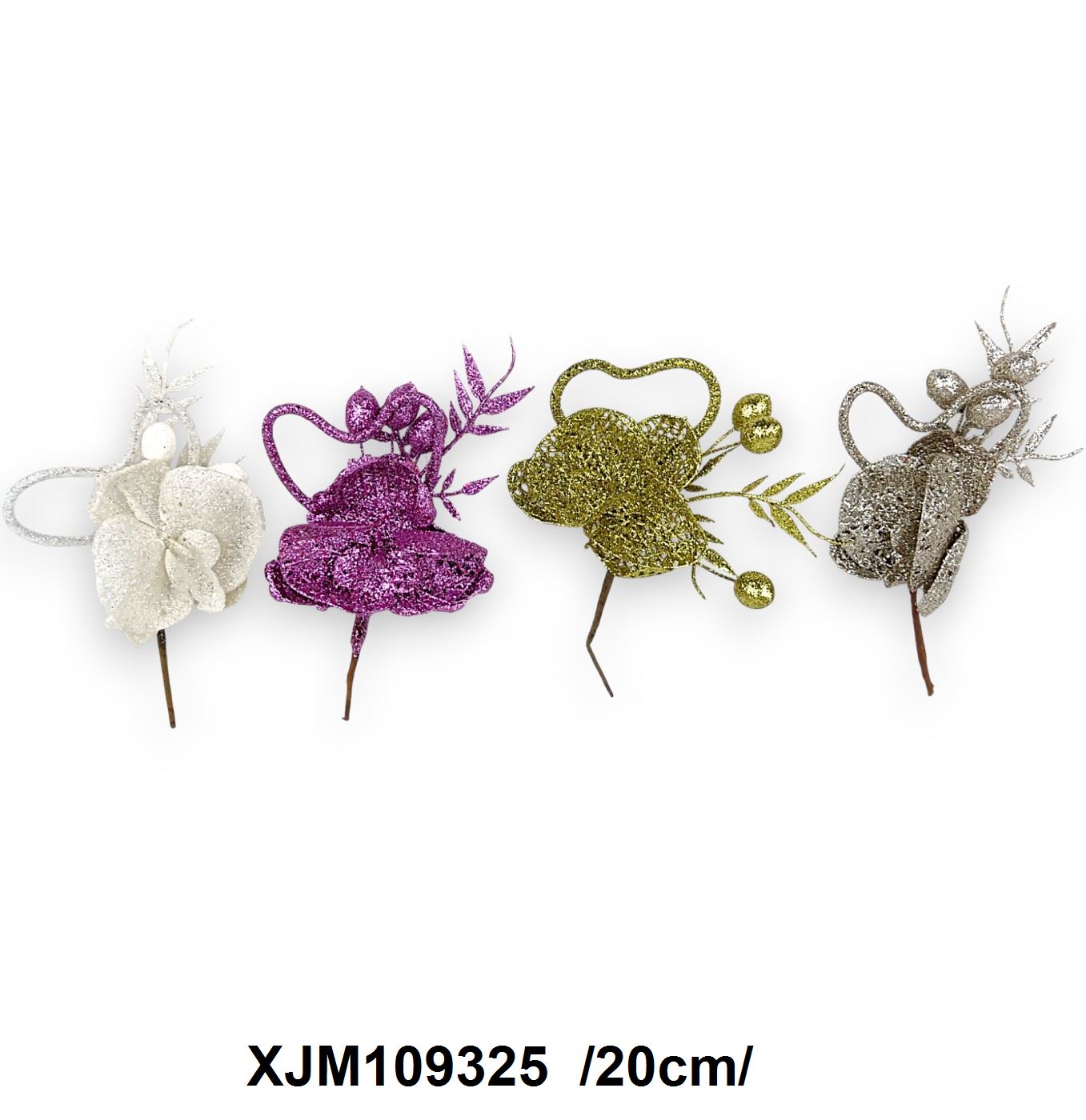 Full glitteres orchidea pick szívvel, levéllel, bogyókkal /20cm/